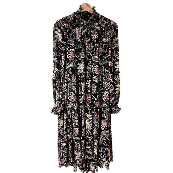 Cinq a Sept Rika Paisley Black High Low Dress Sz 8 Boho Romantic Feminine Fairy - Picture 1 of 14